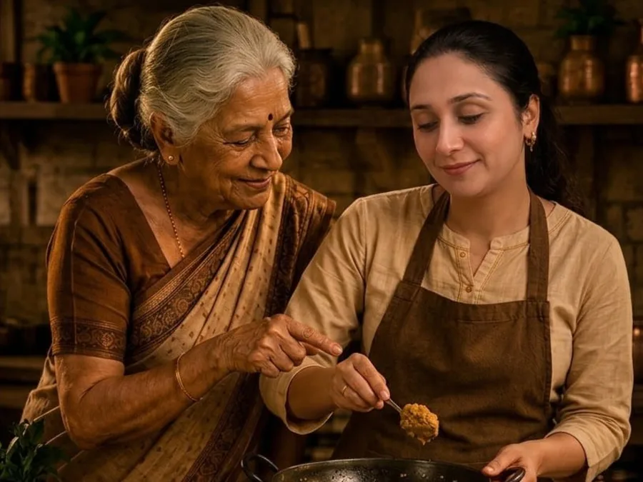A grandmother and her daughter tasting from a kadhai in a traditional Indian kitchen